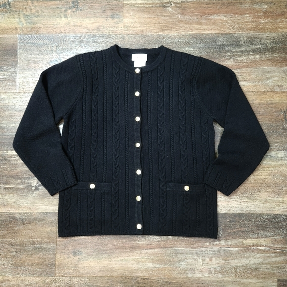 VINTAGE Talbots Petites Women's 100% Pure Wool Cable Knit Gold Button Cardigan - Picture 2 of 11
